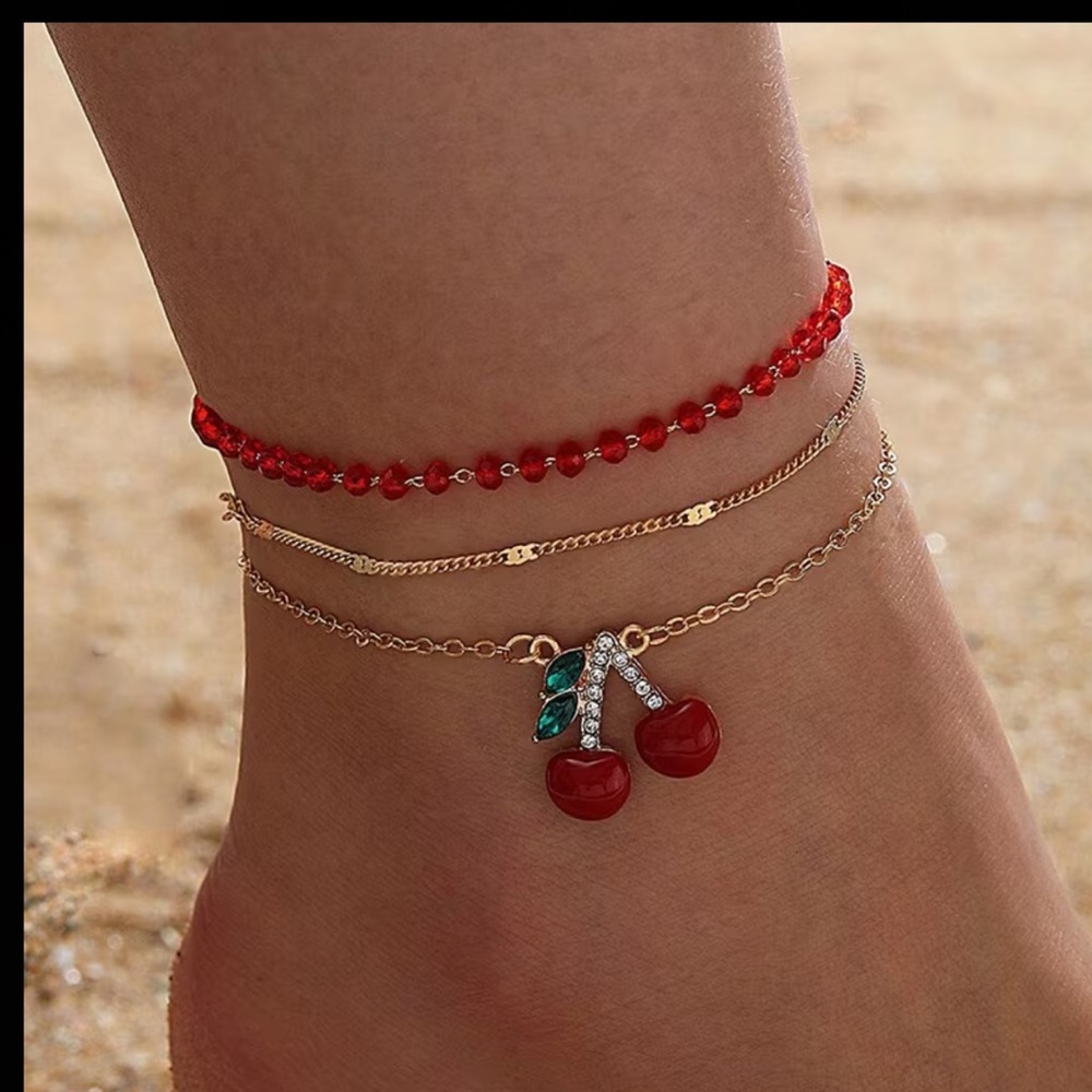 3 Piece Red Cherry Beaded Gold Ankle Bracelet set